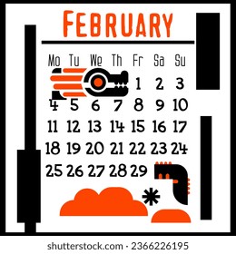 A square calendar page for February 2024 with a cute geometric dragon. Isolated on a white background. The symbol of the year of the dragon. dragon in the snowdrifts Vector illustration. Black Orange