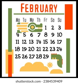 Square calendar page for February 2024 with a green geometric dragon. Isolated on a white background. The symbol of the year of the dragon. A dragon in snowdrifts and snow. Vector illustration. Colour