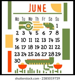 A square calendar page for June 2024 with a green geometric dragon. Isolated on a white background. The symbol of the year of the dragon. The dragon basks in the sun. Vector illustration. Colour