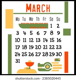 A square calendar page for March 2024 with a green geometric dragon. Isolated on a white background. The symbol of the year of the dragon. The dragon sniffs the snowdrop. Vector illustration. Colour