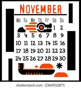 A square calendar page for November 2024 with a cute geometric dragon. Isolated on a white background. The symbol of the year of the dragon. A dragon with wind, snow. Vector illustration. Black Orange