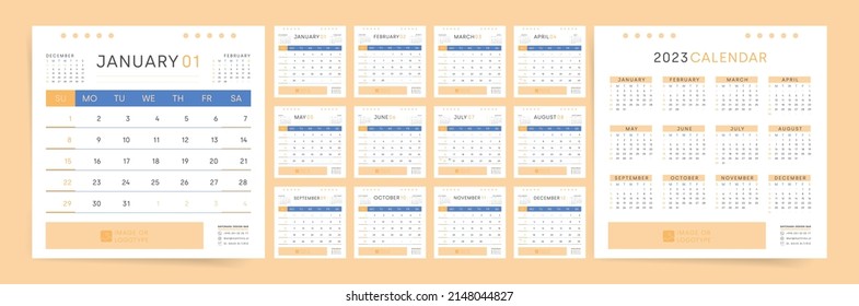 Calendario cuadrado y planificador para 2023 año. Plantilla de vectores durante 12 meses. La semana comienza el domingo. Colores corporativos azules y amarillos. 