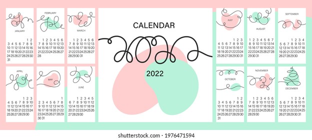 
Square Calendar set on 2022 year. Isolated on pink and mint background. Vector illustration. Simple trendy line art with colored spots. Every month on a separate page. Week starts on Monday.
