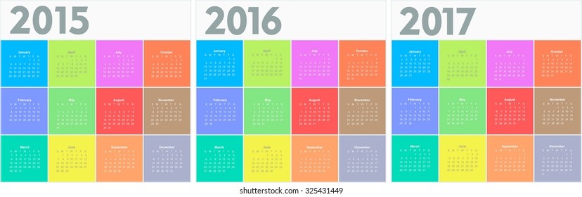 Square calendars for 2015 2016 2017 years. Colorful vector 