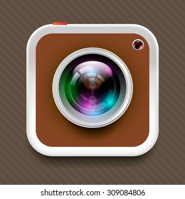 square camera icon and reflex lens on brown tone, In vector illustration format.