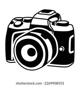 square camera logo, short lens, facing bottom left, black and white line art