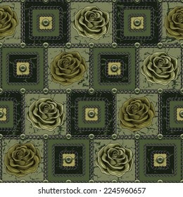 Quadratisches, geometrisches Muster mit grünen Rosen, Stahlketten, Nieten. Diagonale Ornamente mit grauem Quadrat. Vektorgrafik.