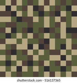 Square camouflage pattern background seamless. Classic clothing style masking camo repeat print. Green brown black olive colors forest texture.Vector illustration