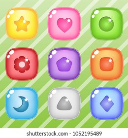 Square candy block puzzle button glossy jelly. 2d asset for user interface GUI in mobile application or casual video game. Vector for web or game design. Decorative GUI elements, Cartoon colorful icon