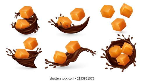 Square caramel candies in chocolate splashes on white background. Realistic vector illustration.