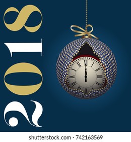A square card to announce 2018.
On a dark blue background, a 3D illustration of Christmas balls decorated with inside a clock indicating midnight for the transition to the new year.