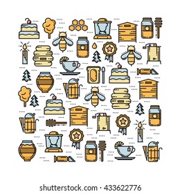 Square card with apiary thin line colored icons set, vector illustration isolated on white background. Bee, honey, hive, beekeeper, jar, smoker, extractor, cake, tea, candle, medal and forest icons