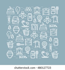 Square card with apiary thin line icons set