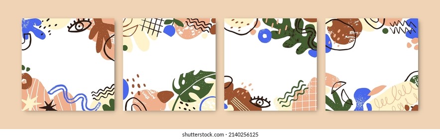 Square card backgrounds with abstract doodle elements, trendy organic shapes, lines, leaf. Modern design of social media posts set. Minimal backdrops with scribbles. Isolated flat vector illustrations
