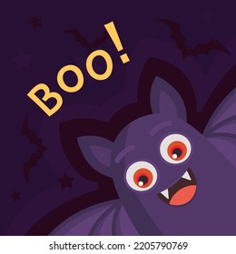 square card with bat halloween vector with inscription boo