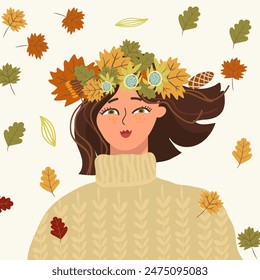 Square card beautiful girl with wreath of fall leaves. Fashion and style, clothes and accessories. Autumn. Thanksgiving. Cozy illustration with hand drawn textures. Vector hand drawn illustration.