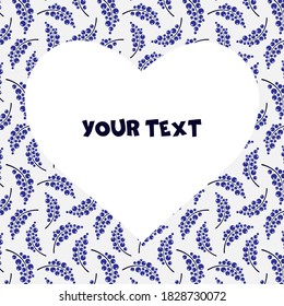 A square card with blue berries and heart-shaped frame in the center. Template for interior design, greetings cards, invitations.