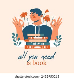 Square card with book lover. Young man with stack of books in hoodie shows ok gesture with hands. Clip art with cartoon cute boy, student with closed eyes. Love for education, reading literature. 