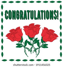 A square card with bouquets of roses, with a frame of a petal (leaves) and a lettering. Congratulations!