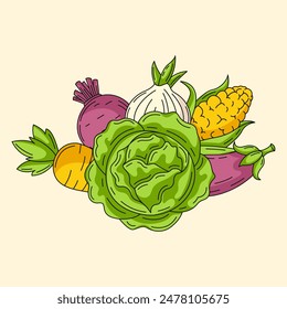 Square card with cabbage, beet, carrot, corn, onion and eggplant. Seasonal harvest, vegetables, natural eco organic veggies. Composition for postcard, poster, template, social media, farmers market