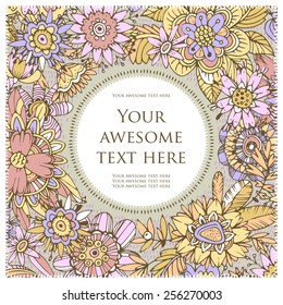 Square card. Cartoon flowers framed by a circular shape with text.