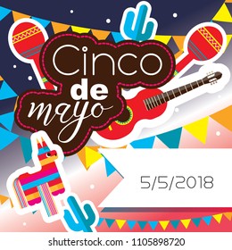 Square card for celebration of mexican holiday of 5 may cinco de mayo. Bright colors, pinata, maracas, cactus.