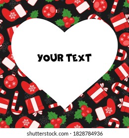 A square card with Christmas elements on black background and heart-shaped frame in the center. Template for interior design, greetings cards, invitations.