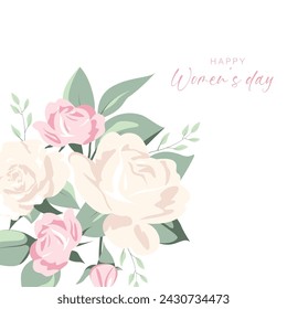 Square card with congratulations on Women's Day. Spring background with roses.	
