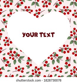 Una tarjeta cuadrada con arándanos y un marco en forma de corazón en el centro. Plantilla para diseño interior, tarjetas de felicitación, invitaciones.