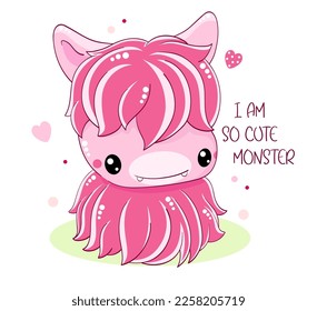 Square card with cute baby monster. Inscription I am so cute monster. Can be used for t-shirt print, invitations, birthday greeting card. Vector illustration EPS8