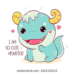 Square card with cute baby monster. Smiling tiny monster with hearts. Inscription I am so cute monster. Can be used for t-shirt print, invitations, birthday greeting card. Vector illustration EPS8  