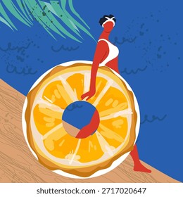 Una tarjeta cuadrada con una chica linda con un anillo de flotador como una naranja, mandarina o pomelo. Ilustración vectorial plana dibujada a mano.