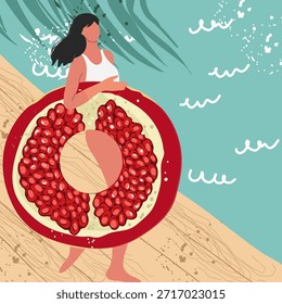 Una tarjeta cuadrada con una chica linda con un anillo de flotador como una granada, fruta granate. Ilustración vectorial plana dibujada a mano.