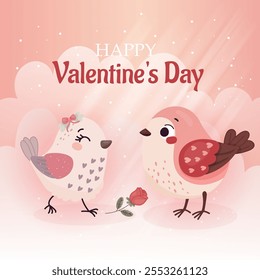 Tarjeta cuadrada con un pequeño pájaro lindo que da una flor de rosa, feliz día de San Valentín.