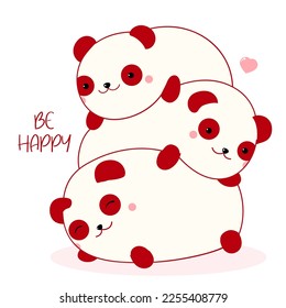 Square card with cute pandas. Three funny fat pandas and pink heart.  Inscription Be happy. Can be used for greeting card, t-shirt print, sticker. Vector illustration EPS8