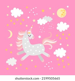Square card with cute unicorn, moon, clouds and stars on pink background