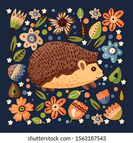 Square card with cute vector hedgehog in a flat style. Botanical floral vintage poster. Forest cute animal art with botanical graphic elements.