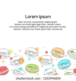 Square card with delicate contour macaroons with multicolored dots and place for text. Vector template for banner, presentations, menu and your creativity