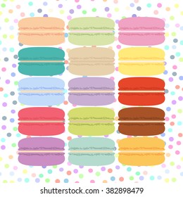 Square card design with macaroon set, pastel colors white polka dot background. Vector