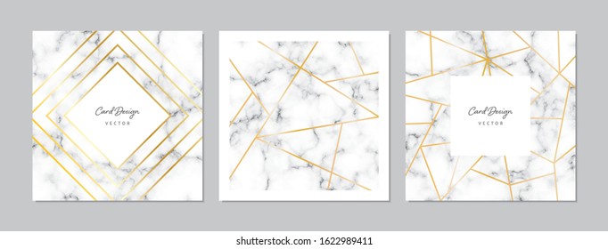 Square card design set with hand marble texture and geometric gold elements lines. Hand drawn doodles and sketches vector vintage illustrations.