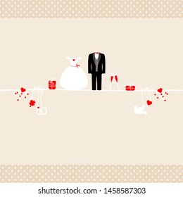 Square Card Different Wedding Icons Red And Beige Dots Borders