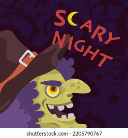 square card with an evil witch and the inscription scary halloween night vector