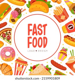 Square Card with Fast Food with Hot Dog and Pizza Vector Template
