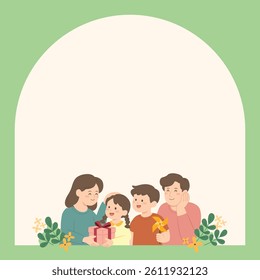 A square card featuring a happy family illustration, designed with an empty center for background use.