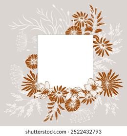 Square card with floral arrangement. Hand drawn line art illustration. Simple vector contour graphics.