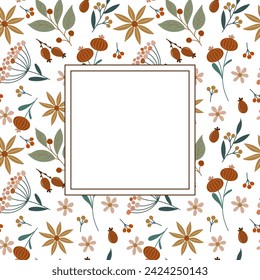 Square card with flowers and berries. Free space for text. Template for invitations, greetings, social media posts and advertising.
