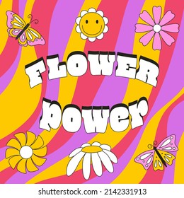 Square card with flowers and butterflies in retro doodle style. The typographic phrase Flower power. Color vector illustrations with a stroke on a bright striped background.