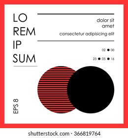 Square card in the form of a poster flyer, template for your text with the date. New minimalism design. The bright red in a frame on a white background, a big black circle, the other striped.