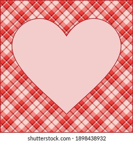 square card frame with heart shape free space for photo, invitation, diploma, certificate with fabric texture border of red and white Valentine day color gingham, tartan ornament

