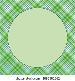 square card frame with round free space for photo, invitation, diploma, certificate with fabric texture border saint patrick's day colors bright green on white gingham, tartan ornament